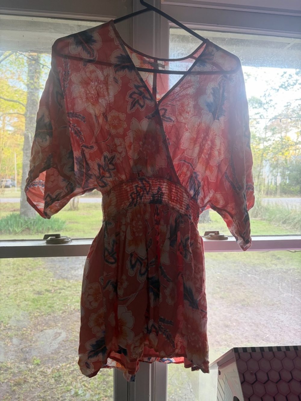 O’Neil Sheer Coral Floral V-Neck Smocked Waist Tunic